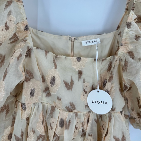 Storia Golden Floral Babydoll‎ Puff Sleeve Mini Dress Large Romantic Cottage NEW - Picture 6 of 16